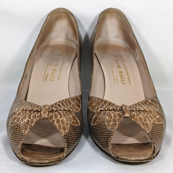 Size 8 Italian Leather Peep Toe Pumps Wit Floral Snakeskin Pattern, Bruno Magli - Picture 3 of 9